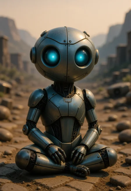 A small Kodama forest spirit sits quietly on cracked, dusty ground in a barren wasteland. Its body is made of smooth, metallic plates with visible joints and rivets, colored in muted grays and worn steel blues with patches of rust. Its head is rounded and robotic, featuring glowing blue eyes set into a smooth faceplate. Thin cables and small vents are visible along its limbs. The Kodamaâs posture is relaxed, with its hands resting on its knees. The background shows a desolate landscape of cracked earth, scattered debris, and twisted metal remnants under a hazy, orange-tinted sky. <lora:Kodama_V1:1>