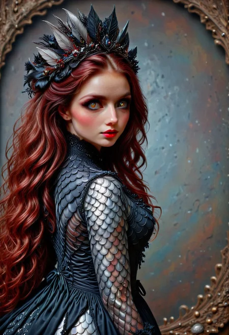 scaleboundsdxl, (sharp focus:1.2), (anatomically correct:1.3), round cheeks, upturned nose, (detailed eyes:1.1), (luscious lips:1.1), (natural eyes:1.3) (chestnut hair:1.2) (moody lighting:1.2), depth of field, bokeh, 4K, HDR. hyper realistic, realistic eyes, (absurd res:1.1), beautiful lighting, sunlight, score_9, score_8_up, score_7_up, score_6_up, masterpiece, high quality, (best quality:1.1), 1girl, perfect red lips, parted lips, thick thighs, wide hips, Chestnut hair, big hair, wavy hair, green eyes, wide hips, hands behind head, side view, looking at viewer, ad-detail-xl, 34 years old, Solo, hair decoration, black makeup, necklace, elbow gloves, Older woman, realistic, hyper realsitic, influencer, insta influencer, beautiful, Victorian dress made from scales, (background made from scales:3), (fully dressed:1.8), (Victorian dress:2.7), UnderlandRedQueenDaal, crystalake, aqua hair, yellow eyes.