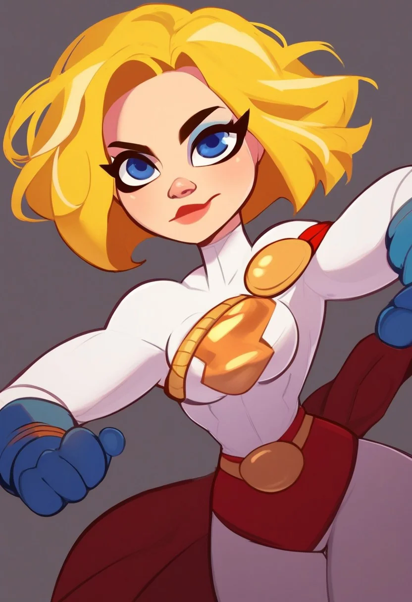 score_9, score_8_up, score_7_up, 1girl, solo, kara, short hair, blonde hair, blue eyes, makeup, power girl, simple background, dynamic posing