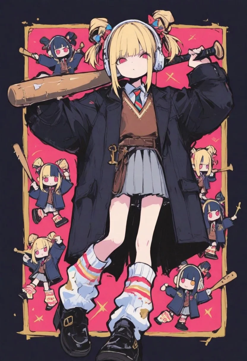 Anime style schoolgirl, navy duffle coat with leather toggles, grey pleated skirt, red and gold striped tie, brown vest, white headphones, twin buns hairstyle with bangs, wooden baseball bat over shoulder, cream leg warmers with black shoes, dynamic pose with one leg lifted, casual street fashion, digital art, clean lines, soft shading, 8k detailed, anime illustration style,
masterpiece, best quality ,amazing quality ,S4bit4mago_illu , xxx667_illu ,Protoneon , ma1ma1helmes_b_illu,