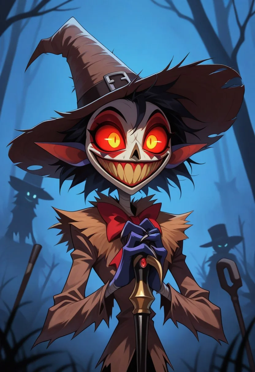 upper body, solo, scarecrow, pointy ears, majora's mask, glowing eyes, crazy eyes, messy hair, claws, wide-brim hat, grin, hands together, holding cane, outdoors, night, fog, cane, deformed, toon \(style\), masterpiece, best quality, amazing quality, 4K resolution, absurdres, ultra-detailed, sharp details, natural light, medium contrast, crisp edges, sharp focus, depth of field, HB-Illu