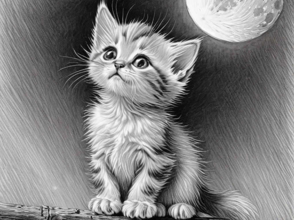 pencil art, cute kitten looking at the moon, <lora:Line-illustration:1.0>