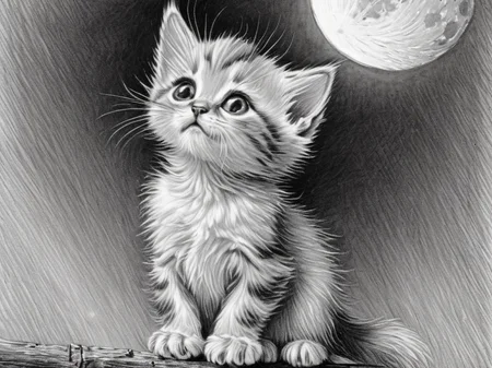 pencil art, cute kitten looking at the moon, <lora:Line-illustration:1.0>