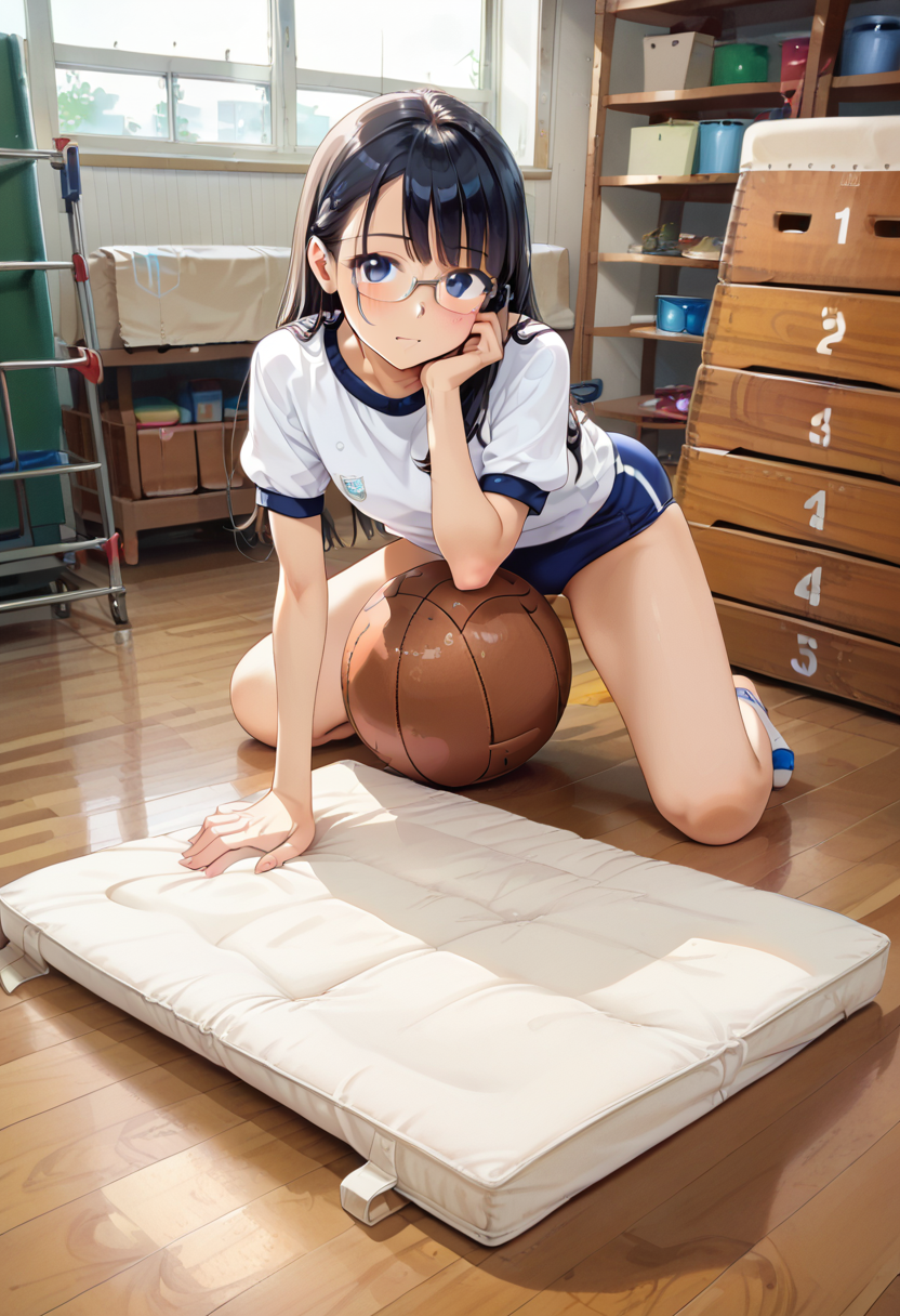 score_9, score_8_up, score_7_up, rating_safe, masterpiece, best quality, absurdres, unity 8k wallpaper, official art, official style, source_anime, uncensored, game cg, megami magazine,
1girl, solo, glasses, black hair, long hair, gym uniform, blue buruma, looking at viewer, blush, hand on own cheek, 
taikusouko, vaulting box, gymnastics mat, scenery, wooden floor, window, shelf, box, ball, sunlight, day, basketball, gym storeroom, indoors, 
 <lora:gakkou_taiikusouko_PONY_V1:1>