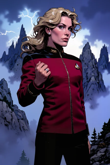a mature woman with a ponytail in maroon TNGadm jacket with black shoulders and black pants standing with her hands up. Mountain peaks pierce storm clouds behind her as lightning illuminates their heights. , detailed background Fantastic lighting. Detailed shadows.intricate details, vivid colors, hyper-detailed, ultra-sharp,comic book style<lora:Ev_Ganin:0.4><lora:Vintage comic book:0.4><lora:RetroAnimeFluxV1:0.15><lora:Greg_Capullo_style:0.4><lora:jeanClaude_Mzires_Style_FLUX-000001:0.4><lora:Flux_Ink_Anime:0.4><lora:ST_TNG_ADMIRAL_FLUX>