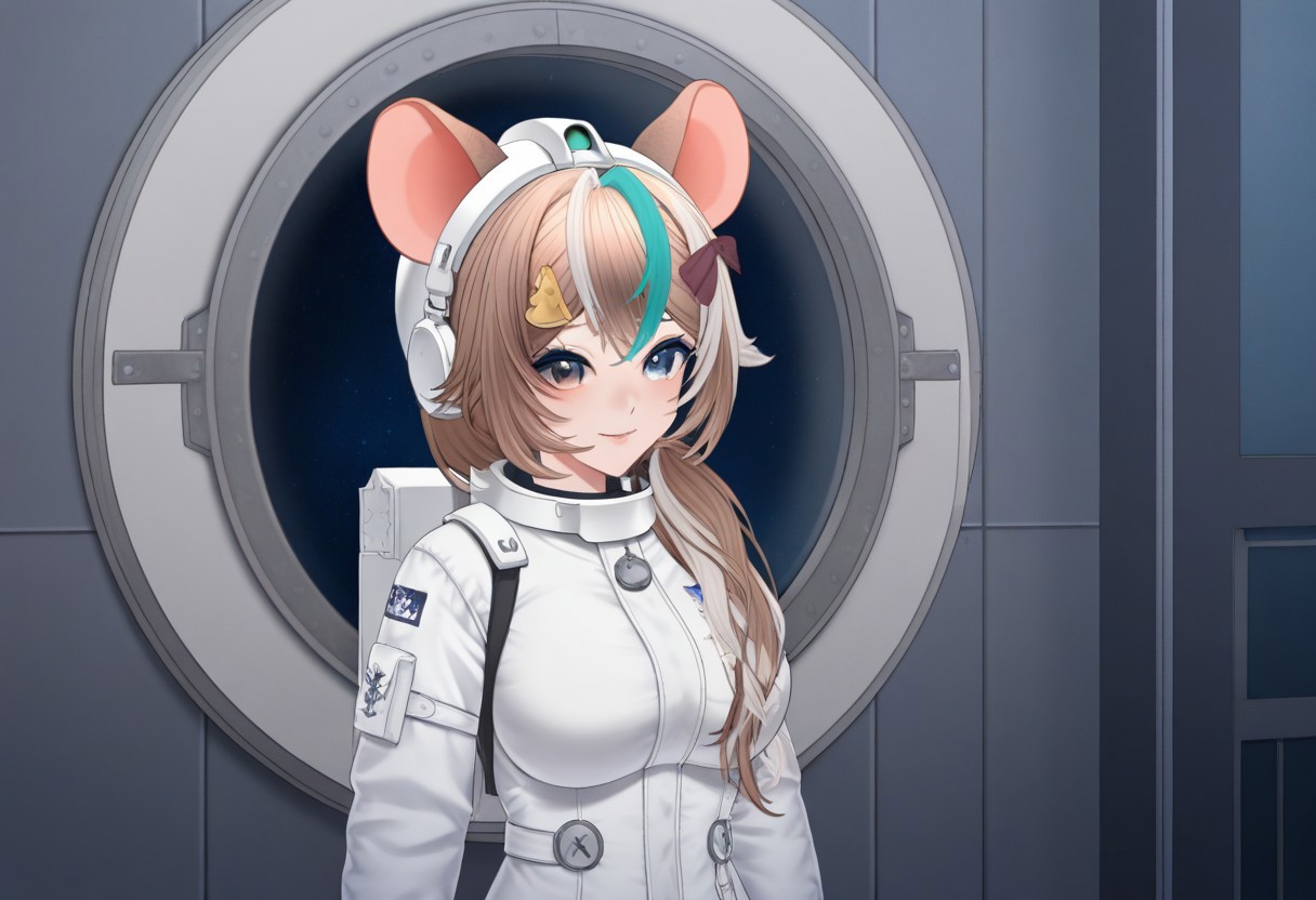 ((masterpiece, best quality, absurdres, highres, newest, very aesthetic, extremely detailed, very away, year 2025, detailed background, perfect anatomy, surreal)),detailed ,<lora:xmc_v0.3_noobai_cwhj_946906:0.8>,<lora:illustrious_best_quality_v1_1021798:0.8>,<lora:add-detail-xl:0.9>, <lora:Nastra_Moonlight_Vtuber:0.8>,nastraillusv1,1girl,solo,animal ears, breasts,brown hair,streaked hair,multicolored hair,long hair,mouse ears, mouse tail,white hair,heterochromia,hair ornament,bangs,blue eyes,virtual youtuber, anime coloring, commander cabin,Room, spaceship background, narrow spacesuit, spacesuit, line print, blue spacesuit, Porthole, wide porthole, space porthole, Helmet mount,