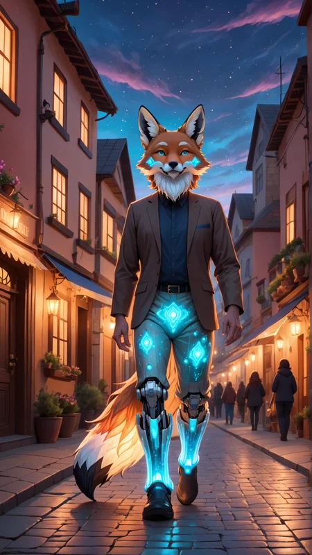 (front view:2), (detailed old mature bearded man gender character:2) wearing detailed (bioluminescent cyborg style pants:2), flowing beige hair and expressive eyes, (fox-like ears:2), (detailed fox one tail:2), (indian brunette standard body shape:2). Walking through a very cozy furry town with pastel color palette, the charming street has cobblestone streets, and (twilight horizon:1.5). Magic sparkles float in the air, adding a subtle touch of fantasy, doortoinfinity <lora:d\EnvyZoomSliderXL01:-1.25> <lora:doortoinfinity:1> <lora:more_details:1.5> <lora:xl_bioluminescent_dress-1.0:1>