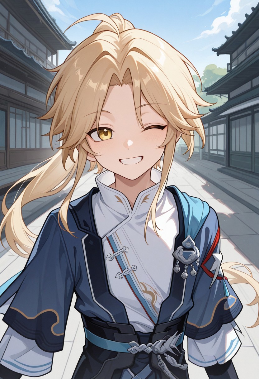 masterpiece,best quality,amazing quality, source_anime, 
Yanqihonk, 1boy, male focus, yellow eyes, blonde hair, long hair, ponytail, chinese clothes, shirt, white shirt, kimono, blue kimono, outdoor, smile, one eye closed, grin,