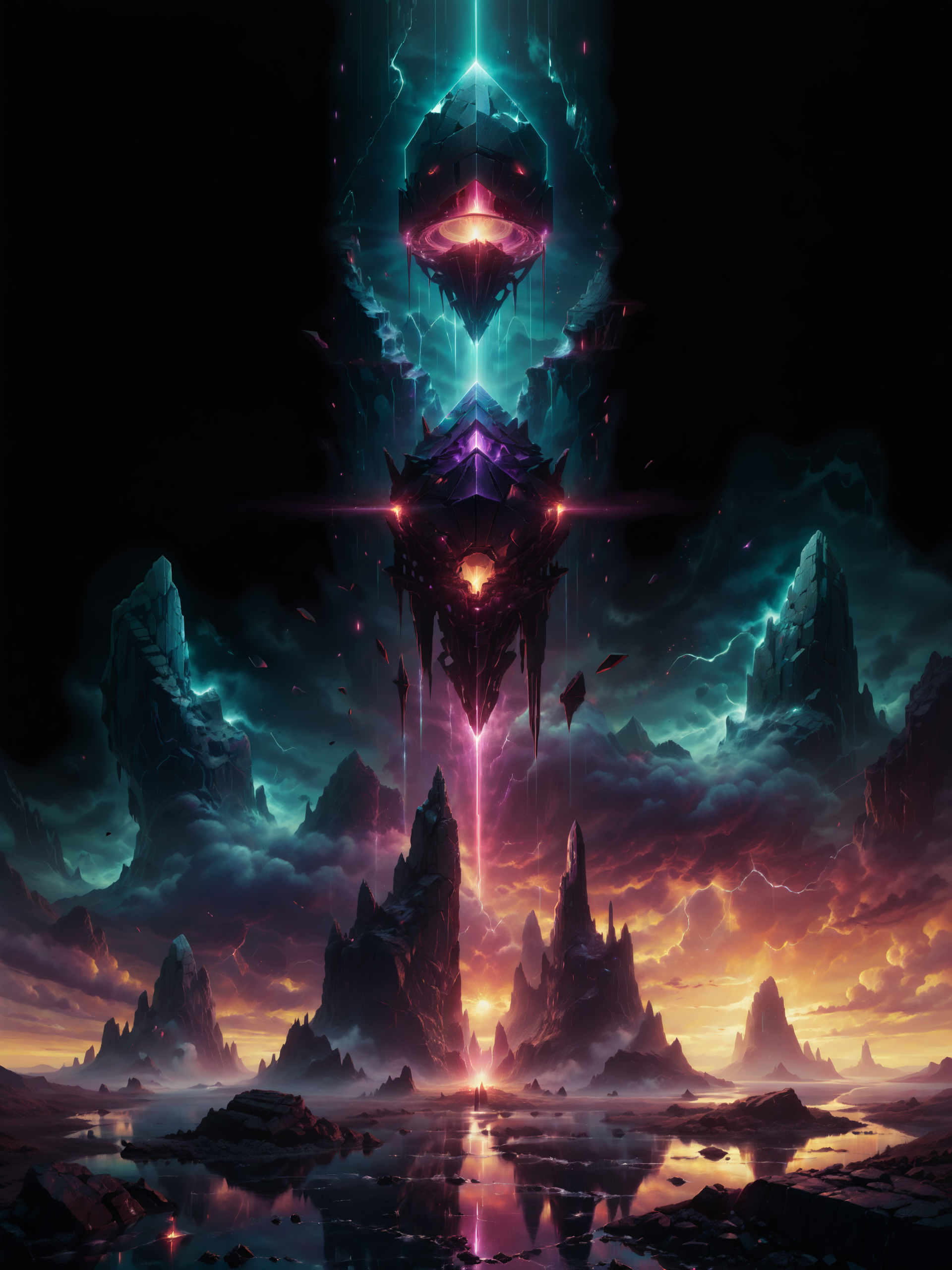 <lora:more_artful-xl:0.8> <lora:add-detail-xl:2.4> <lora:style-matte_black_contrast-xl-v3-by_tijuanaslumlord:0.2> <lora:style-glowing_neon-xl-by_cybernella:0.8> <lora:envybetterhiresfixxl01-xl:0.0:hr=1.0> vntblk, (vertical symmetry:1.4), poster art, [blood moon, red moon, darkest night, the (three pyramids:1.2) of giza, low angle, black and red hues:famous artwork by (jessica rossier:1.3) and (dan mumford:1.2), (artifact:1.3), ominous dark (unfathomable and surreal:1.3) landscape with towering (obelisks:1.4) standing in a straight line, glowing ornate extraterrestrial artifact, jagged rock formations, night sky, mysterious, ethereal, deserted, dark corners, (black:1.1), (obsidian:1.1), (bordeaux:1.1), (deep purple:0.8), (dark teal:0.7), (cyan:0.6), (grey:0.5):16], ultra detailed
