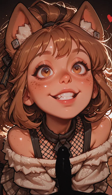 woman, happy, heart, flipped hair, golden brown hair, split bangs, hair ribbon, big hair, light skin, fuzzy animal ear clips, off-shoulder jacket, ruched mesh mini skirt, fur stole, freckles, (bloom, close-up:1.3), scenery, from above, very dark brown subject and near black highlights, (silhouette:1.2), backlight, bright background, soft diffused edges, translucent glow, masterpiece, best quality, highres, newest, year 2024, absurdres