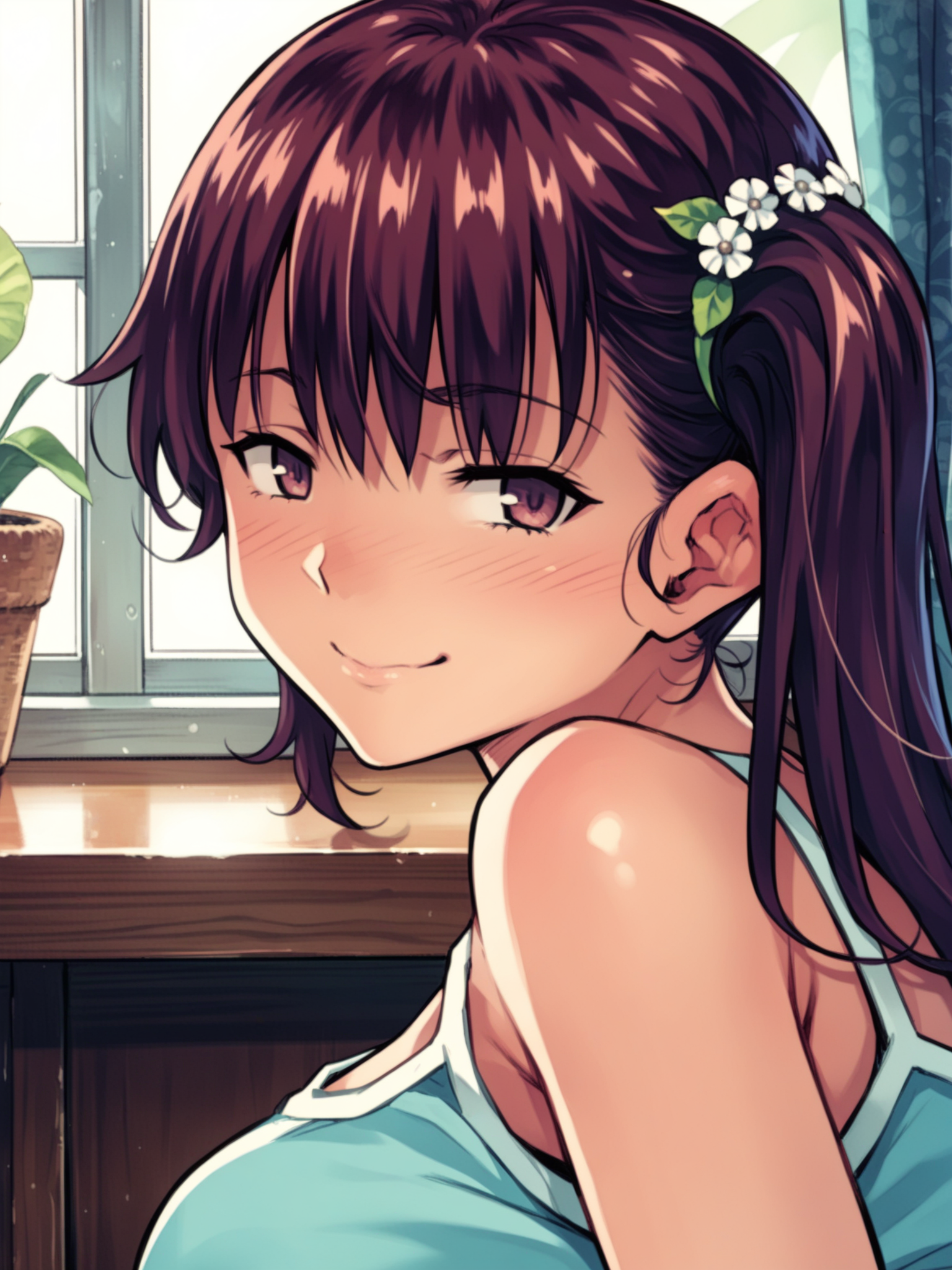 <lora:happy_tentacle-risa-v0.3-000030:1>, ht_risa, side ponytail, camisole, dolphin shorts, short shorts, hair flower , indoors, 1girl, solo, upper body , wide-eyed , ( naughty face :1.2), , , sitting , from side , score_9, score_8_up, score_7_up, score_6_up, score_5_up, score_4_up