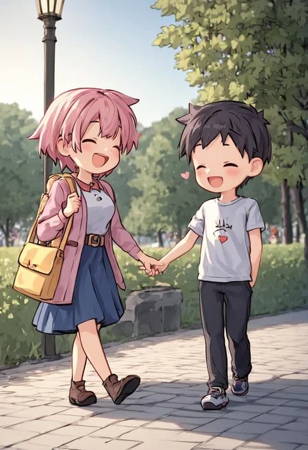score_4,score_5,score_6,score_7_up,score_8_up,score_9 ((masterpiece,best quality,ultra detailed,highres,HD,4k:1.2)),
chibi,full body,
hetero,girl focus,
bobcut pink hair giri,large breast,
black short hair boy,
Walking hand in hand, dating,
outdoor, Park, blue sky,heart symbol, heart effect,
smile,happy,closed eyes,open mouth,