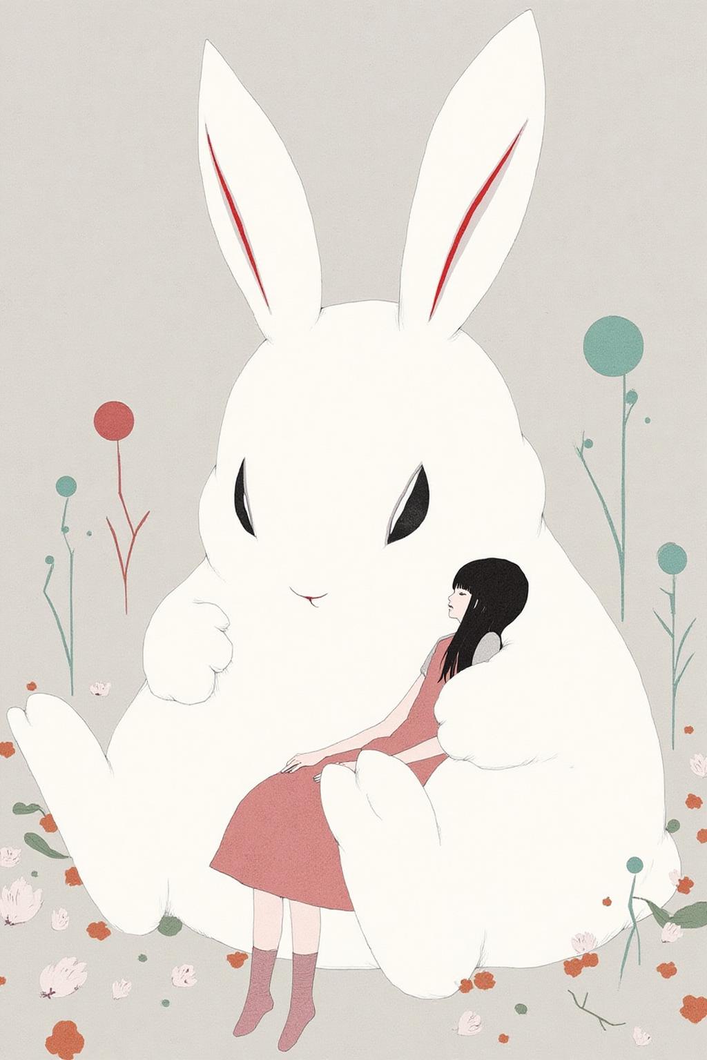 kchiba1 illustration. 
A large white rabbit with exaggerated proportions. It is holding a young girl sleeping on its lap. The girl has long, straight black hair. <lora:kchiba1_cap_d6a3:1.0><lora:837651316017750140:0>