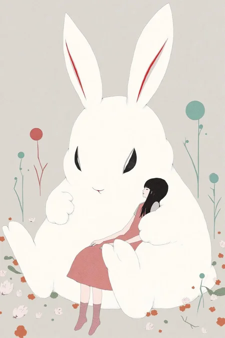 kchiba1 illustration.
A large white rabbit with exaggerated proportions. It is holding a young girl sleeping on its lap. The girl has long, straight black hair. <lora:kchiba1_cap_d6a3:1.0><lora:837651316017750140:0>