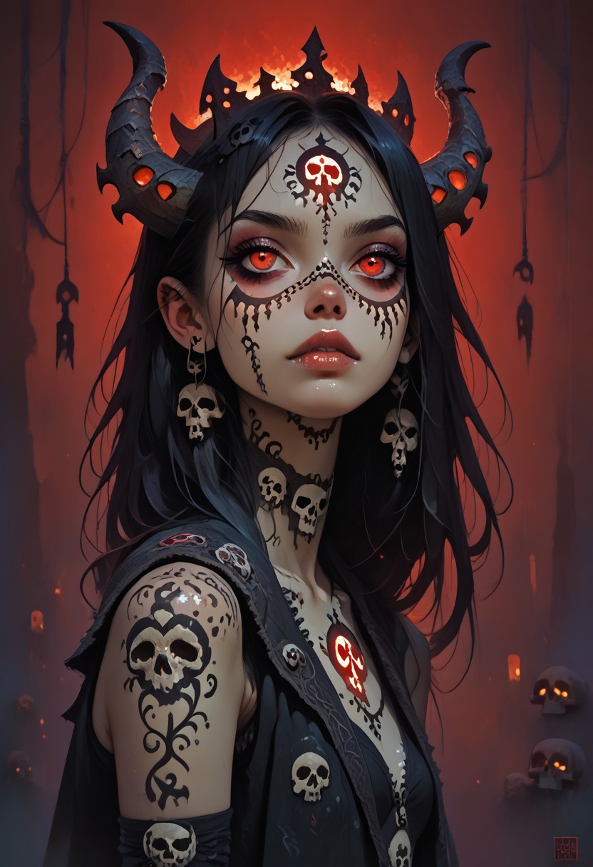 score_9, score_8_up, score_7_up, score_6_up, score_5_up, score_4_up,   <lora:r3dgl0wXLP:0.7> r3dgl0w, red eyes, red background, 1girl, dark, horns
,FFAnime Style, slimes_skullwm, made of skulls