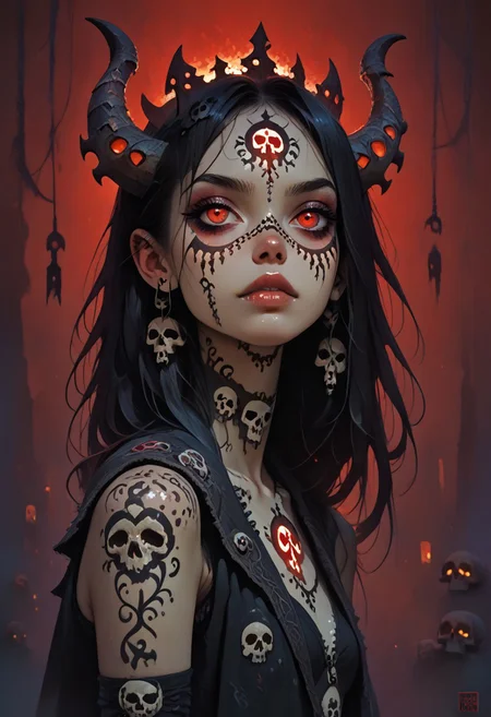 score_9, score_8_up, score_7_up, score_6_up, score_5_up, score_4_up, <lora:r3dgl0wXLP:0.7> r3dgl0w, red eyes, red background, 1girl, dark, horns
,FFAnime Style, slimes_skullwm, made of skulls