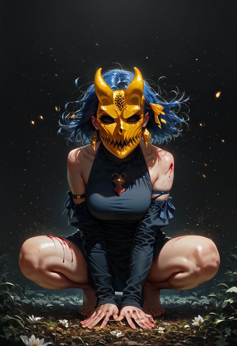 score_9, score_8_up, score_7_up,  (1girl, solo:1.2), wolf girl, squatting, short hair, brown hair, blue hair ribbon, alex_the_terrible_mask, (golden mask:1.1), (bloody mask:1.1), horns, wind, gale, (silk hair ribbon), round earrings, white earrings, filigree, detached sleeves, white fur, fur coat, wide sleeves, (armlet:1.1), (revealing clothes), fang necklace, bare shoulders, (horizon, long view, distant, leaves and plant in front:1.1), light white shirt, flower, hot, sweating, thighs, feet, on her toes, grey eyes, dark eyes, bright particles, gloom, golden cherry blossom tones, japanese aesthetic, lilies, explosive bright particles in the form of sparks of light, black theme , expressiveh
