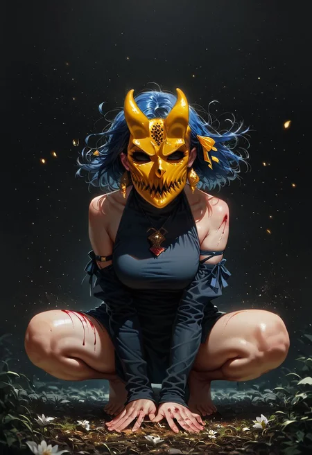 score_9, score_8_up, score_7_up, (1girl, solo:1.2), wolf girl, squatting, short hair, brown hair, blue hair ribbon, alex_the_terrible_mask, (golden mask:1.1), (bloody mask:1.1), horns, wind, gale, (silk hair ribbon), round earrings, white earrings, filigree, detached sleeves, white fur, fur coat, wide sleeves, (armlet:1.1), (revealing clothes), fang necklace, bare shoulders, (horizon, long view, distant, leaves and plant in front:1.1), light white shirt, flower, hot, sweating, thighs, feet, on her toes, grey eyes, dark eyes, bright particles, gloom, golden cherry blossom tones, japanese aesthetic, lilies, explosive bright particles in the form of sparks of light, black theme , expressiveh