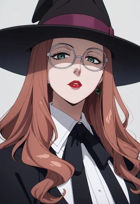 score_9, score_8_up, score_7_up, source_anime, sylvia sherwood, long hair, reddish-brown hair, green eyes, 1girl, solo, hat, glasses, anime coloring, witch hat, looking at viewer, lipstick, makeup