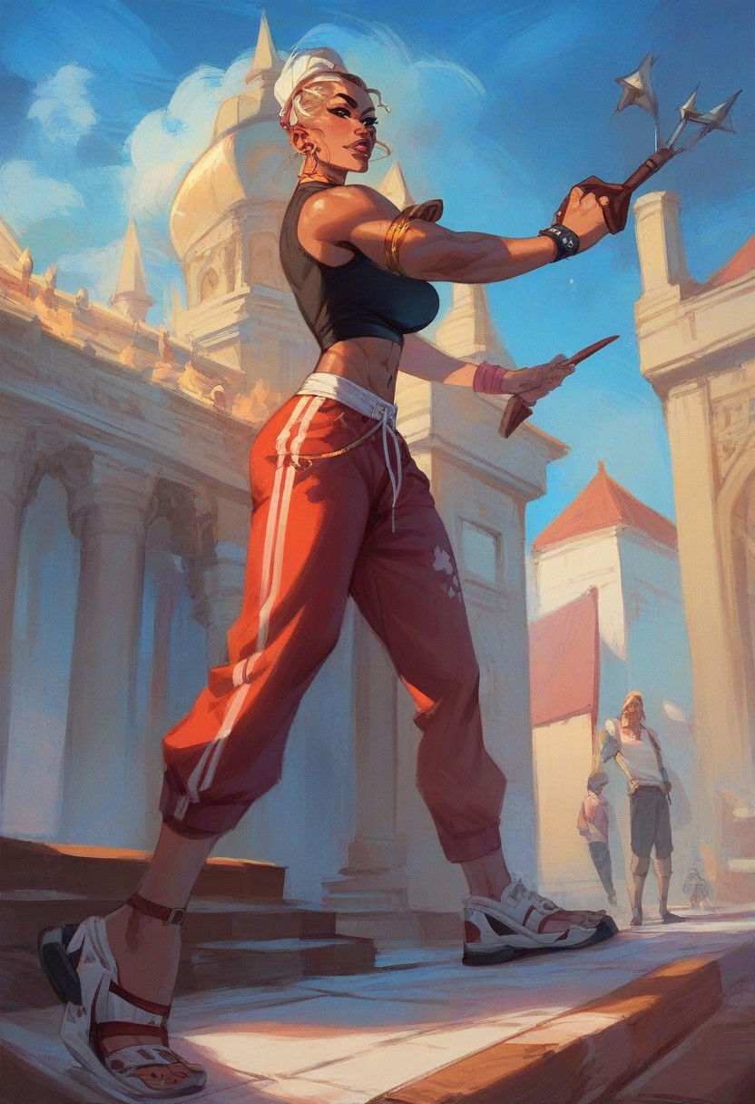 score_9,score_8_up,epiCPhoto,
light, <lora:printed_flare_pants_ilxl_goofy:0.8>,<lora:officialpit_v2-8:0.5>,score_9, score_8_up, score_7_up, score_6_up,  1girl, seasoned warrior challenging fierce adversaries on the sands of a coliseum