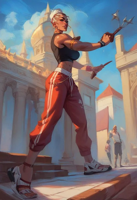score_9,score_8_up,epiCPhoto,
light, <lora:printed_flare_pants_ilxl_goofy:0.8>,<lora:officialpit_v2-8:0.5>,score_9, score_8_up, score_7_up, score_6_up, 1girl, seasoned warrior challenging fierce adversaries on the sands of a coliseum