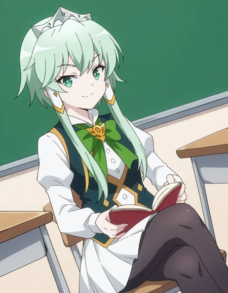 score_9, score_8_up, score_7_up, source_anime, <lora:lucia-rea-regulus-s2-ponyxl-lora-nochekaiser:1>, lucia rea regulus, long hair, green eyes, sidelocks, green hair, hair tubes, short hair with long locks,, skirt, long sleeves, dress, bow, pantyhose, bowtie, black pantyhose, green bow,, classroom, chalkboard, day time, studying, sitting, chair, desk,, smile, smug, hand on hips,, looking at viewer, solo,, dutch angle, cowboy shot