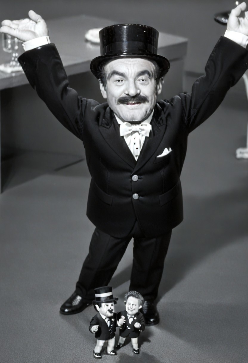 (((black and white, monochrome, greyscale))),((dancing,fully clothed, small man with mustache, top hat, kenbis, chibi, chibi, male only, dancing, male, male chibi, monocle, art deco, thick mustache, comically large mustache, handlebar mustache, tiny, multiple men, shrunk, microxl, some little guys,  high angle, from above)), bwMovies, realistic, photo, vintage photo, ((very small man, small man, a small man, a man who is small, a small man)) suit, an unapologetically small human male, black and white, smiling, very happy, euphoric, ecstatic, wonderful small men, large smile, huge smile