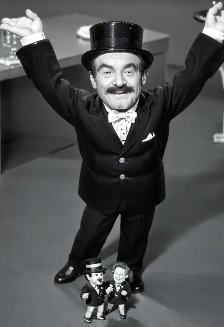 (((black and white, monochrome, greyscale))),((dancing,fully clothed, small man with mustache, top hat, kenbis, chibi, chibi, male only, dancing, male, male chibi, monocle, art deco, thick mustache, comically large mustache, handlebar mustache, tiny, multiple men, shrunk, microxl, some little guys, high angle, from above)), bwMovies, realistic, photo, vintage photo, ((very small man, small man, a small man, a man who is small, a small man)) suit, an unapologetically small human male, black and white, smiling, very happy, euphoric, ecstatic, wonderful small men, large smile, huge smile