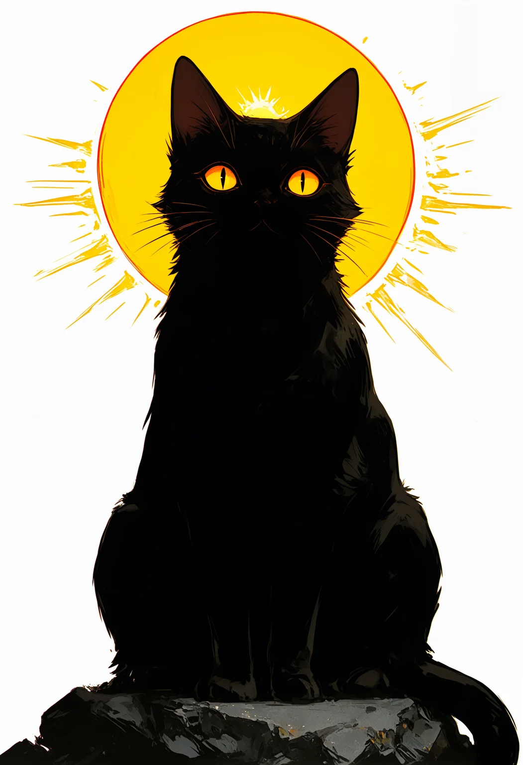 masterpiece, best quality, good quality, very awa, very aesthetic, absurdres, newest, solo, looking_at_viewer, simple_background, white_background, closed_mouth, sitting, full_body, yellow_eyes, no_humans, :3, animal, moon, cat, slit_pupils, full_moon, colored_sclera, sun, animal_focus, black_cat, yellow_sclera, whiskers, black_fur, red_moon, 748cmstyle,usnr,retro
