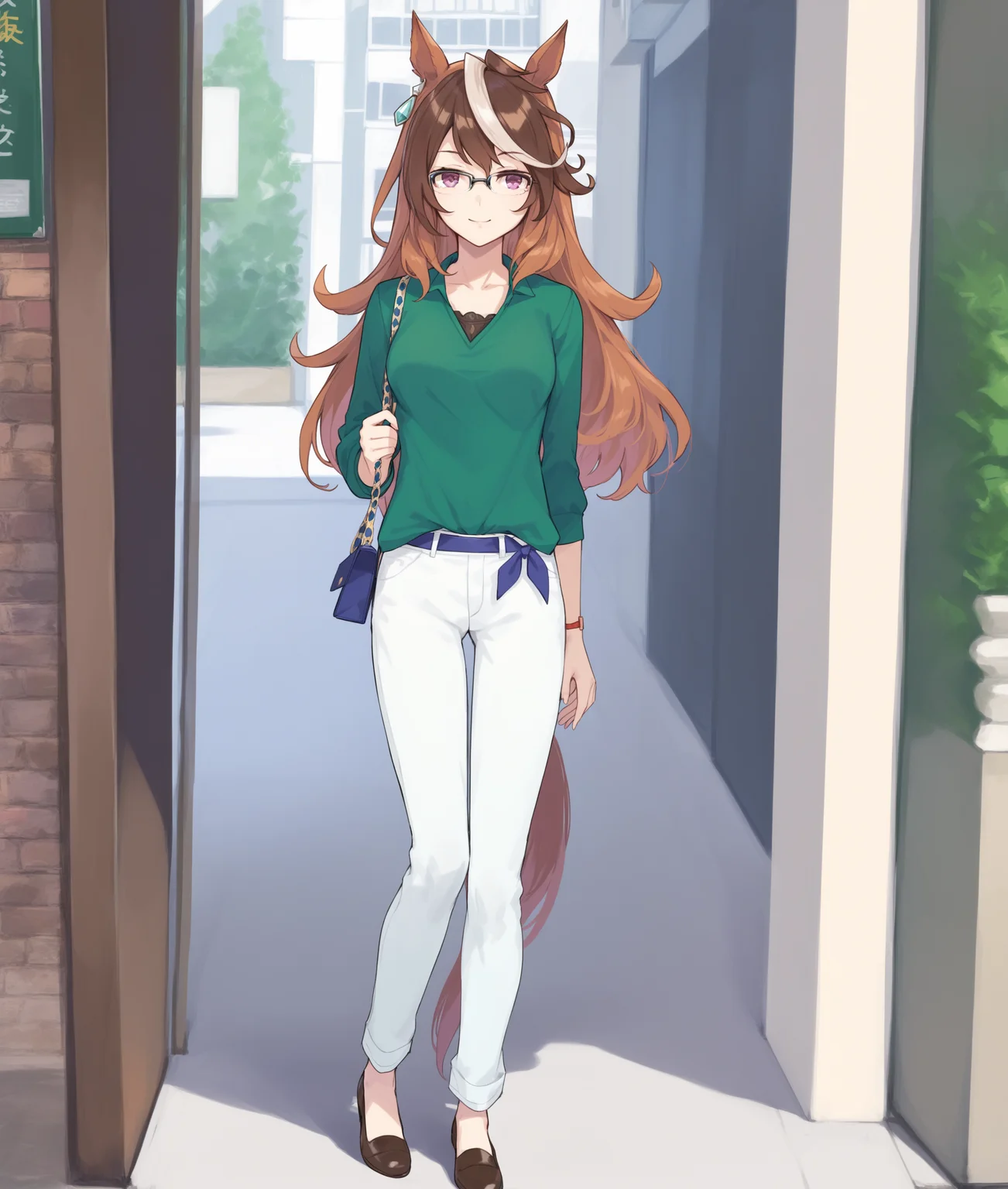 score_9, score_8_up, score_7_up, 2D, anime BREAK
casual_clothes, 1girl, solo, long hair, looking at viewer, brown hair, shirt, animal ears, jewelry, standing, purple eyes, tail, full body, white hair, multicolored hair, earrings, shoes, glasses, alternate costume, belt, pants, bag, streaked hair, (brown footwear:1.3), horse ears, horse girl, casual, horse tail, single earring, handbag, shoulder bag, white pants, green shirt, <lora:symboli_rudoruf-ponyXL:1>,