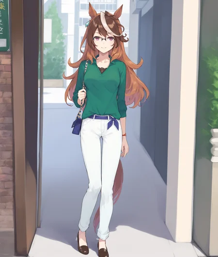 score_9, score_8_up, score_7_up, 2D, anime BREAK
casual_clothes, 1girl, solo, long hair, looking at viewer, brown hair, shirt, animal ears, jewelry, standing, purple eyes, tail, full body, white hair, multicolored hair, earrings, shoes, glasses, alternate costume, belt, pants, bag, streaked hair, (brown footwear:1.3), horse ears, horse girl, casual, horse tail, single earring, handbag, shoulder bag, white pants, green shirt, <lora:symboli_rudoruf-ponyXL:1>,