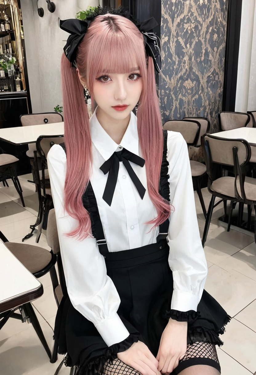 instagram,r/palegirls,selfie,masterpiece,best quality,jirai kei, jiraikei face, a woman, solo, twintails, skirt, sitting, looking at viewer, shirt, eyes, long hair, black skirt, hairband, bangs, brown hair, frills, blunt bangs, ribbon, long sleeves, jewelry, earrings, pink hair, white shirt, parted lips, black ribbon, She sits on a chair,photo background,Restaurant interior <lora:jirai kei-SDXL-V1:0.7>