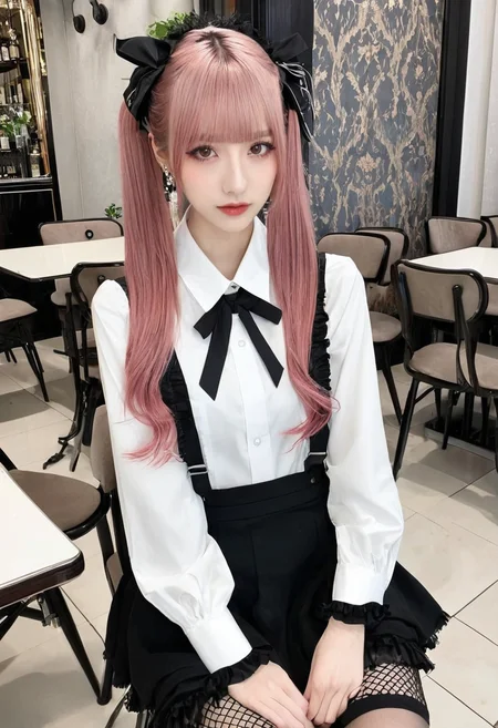 instagram,r/palegirls,selfie,masterpiece,best quality,jirai kei, jiraikei face, a woman, solo, twintails, skirt, sitting, looking at viewer, shirt, eyes, long hair, black skirt, hairband, bangs, brown hair, frills, blunt bangs, ribbon, long sleeves, jewelry, earrings, pink hair, white shirt, parted lips, black ribbon, She sits on a chair,photo background,Restaurant interior <lora:jirai kei-SDXL-V1:0.7>