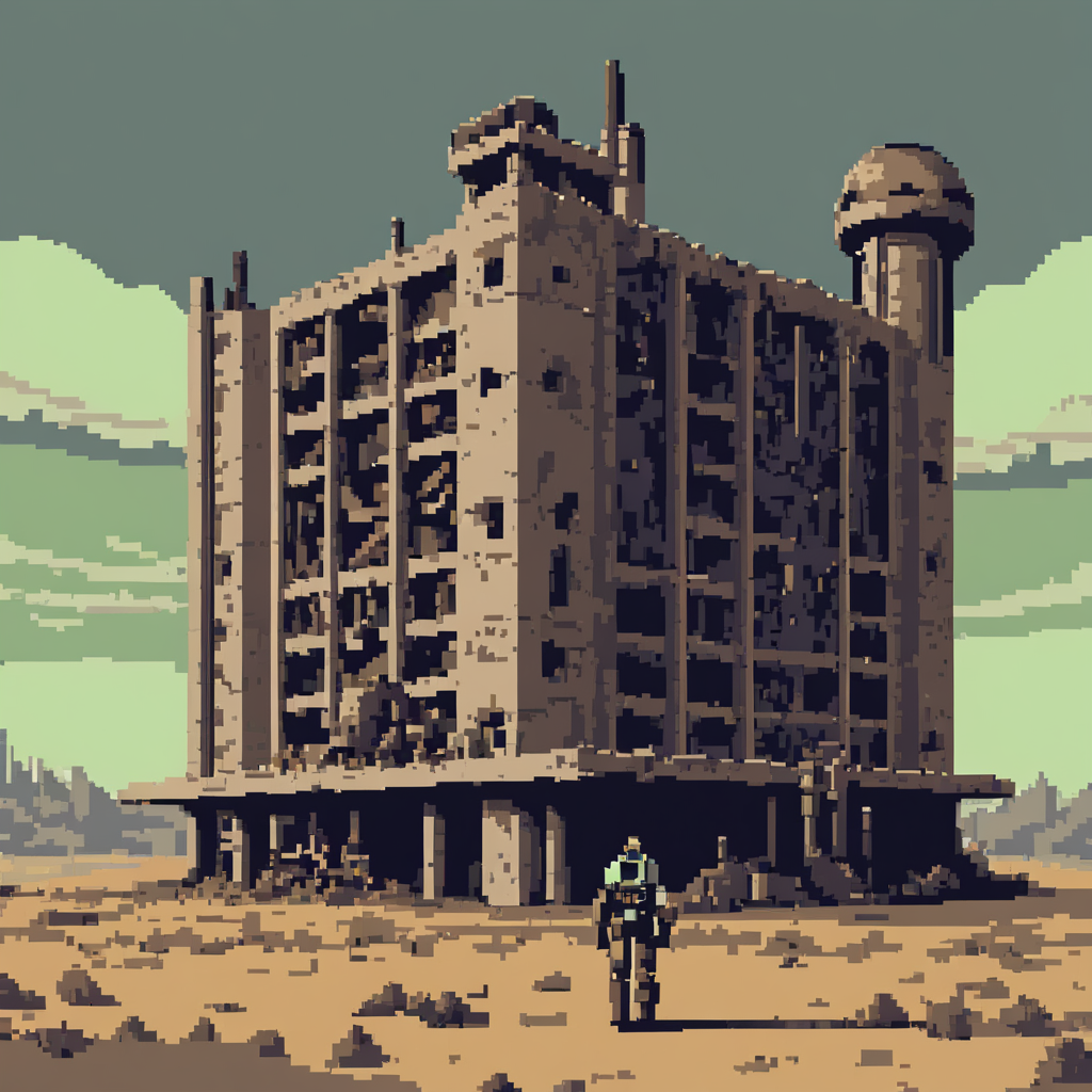 pixel-art pixelartlora, portrait . low-res, blocky, pixel art style, 8-bit graphics, pixelartlora, portrait,Fallout, Post-apocalyptic, desolate landscapes, retro-futuristic, ruined buildings, radiation, 1950s style, vaults, survival, intricate details, muted colors
