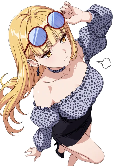 masterpiece,high quality details, absurdres,
<lora:Ruriko:0.7>enh_cnr,
ruriko_cnr,1girl, blonde hair, long hair,blunt bangs, yellow eyes, fang, ear piercing,earrings,
ruriko_s2, collarbone,grey shirt, off shoulder, long sleeves, puffy sleeves,black pencil skirt, leopard print,choker,eyewear, sunglasses,black high heels,, simple background, white background, dynamic angle,solo,, sigh,sad,, feet slightly apart,jumping pose,focused gaze,