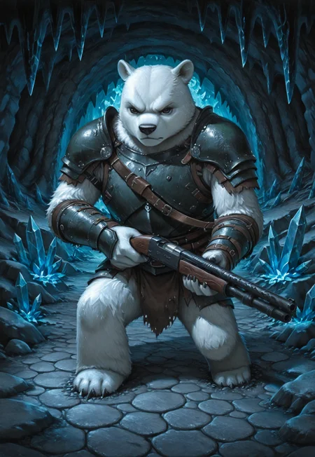 (solo), lukch, painting_\(medium\), portrait, no humans, polar bear, armor, animal focus, dungeons & dragons, dungeons and dragons, dungeon, underground, cobblestone, stalactite, crystal, shotgun, v-shaped eyebrows,
traditional media, best quality, absurdres, [dynamic pose]