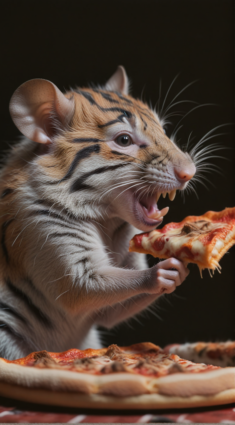 wanap a house rat mouse eating pizza covered with tiger fur, cinematic <lora:wanapi:1>