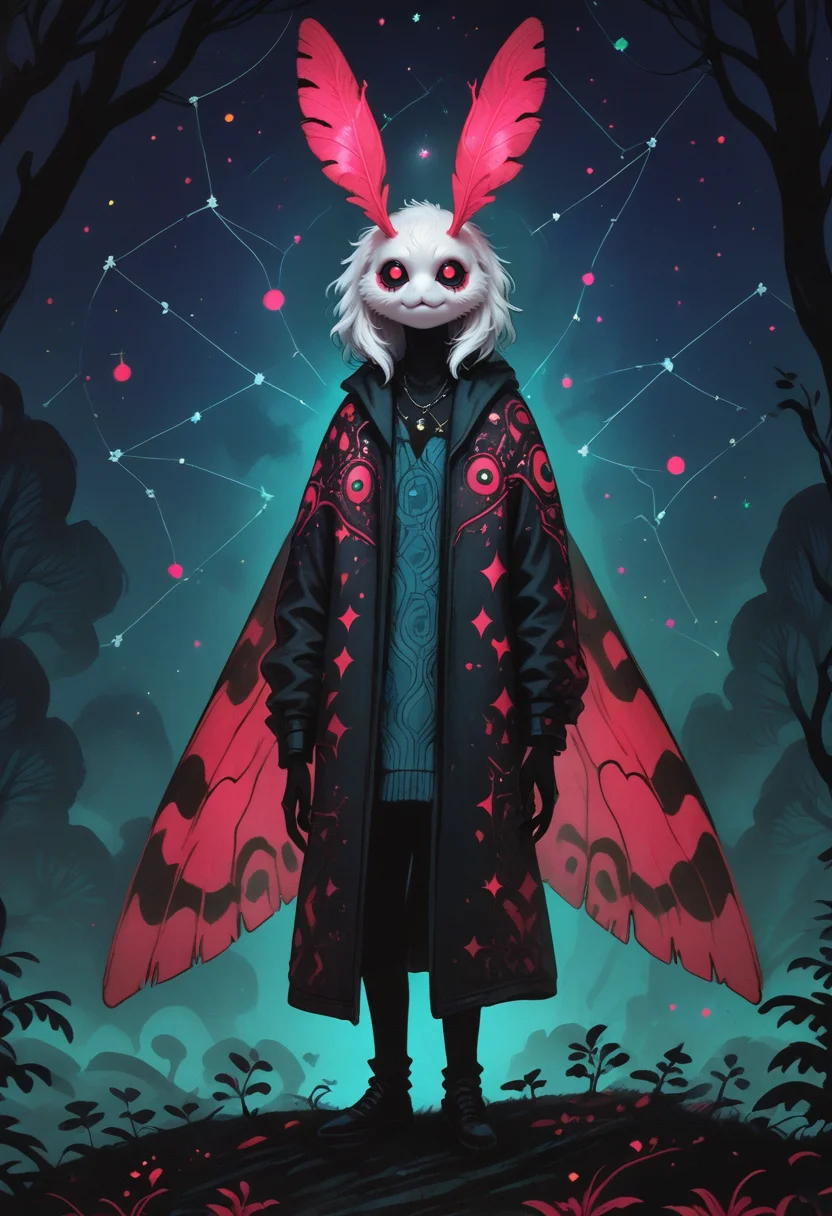 score_9,score_8_up,score_7_up,score_6_up,score_5_up,score_4_up,
f3nn3r,pink,blue,red,trippy,<lora:f3nn3rXLP:0.9>,fullbody,alone in the dark woods,1boy,Constellation Discovery,shadowy space,god moth,thin legs,(((completely white body))),wings,