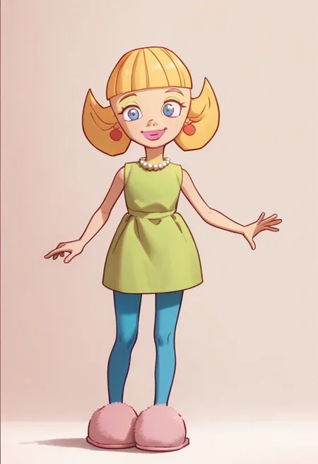 score_9, score_8_up, score_7_up BREAK LoopyMom, 1girl, blonde hair, blunt bangs, blue eyes, green eyeshadow, pink lipstick, orange pearl earrings, white pearl necklace, sleeveless green dress, blue leggings, pink slippers, smiling at viewer, full body,
