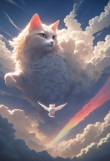 cat,(high quality, white color, masterpiece, in sky, cloud, rainbow, frow, real style), half face, look at left, day,