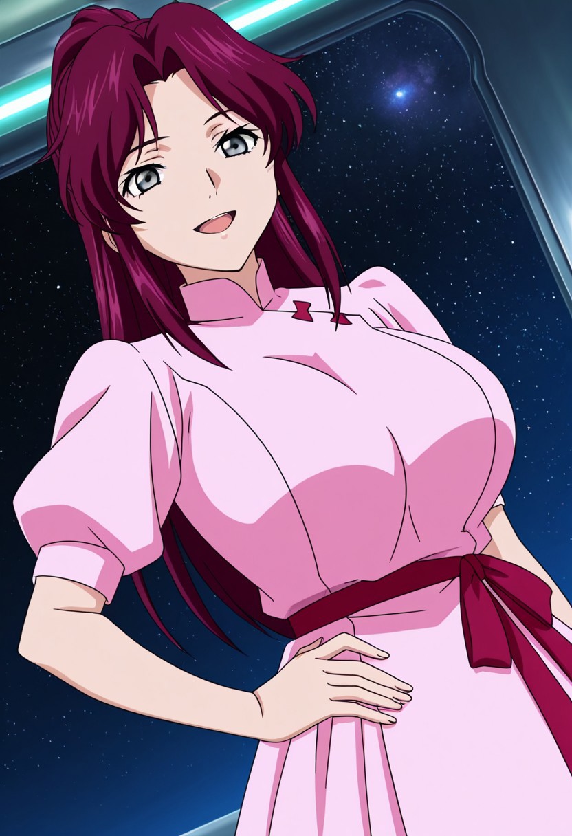general,highres, ultra-detailed,very aesthetic,best quality ,best hands,best eyes,easynegative,
dynamic anglre, dutch angle, anime cloring,anime screencap,
1girl solo,looking at viewer,space ship,hand on hip,smile,open mouth,
Flay Allster,purple hair,long hair,ponytail,grey eyes,huge breasts,pink dress,