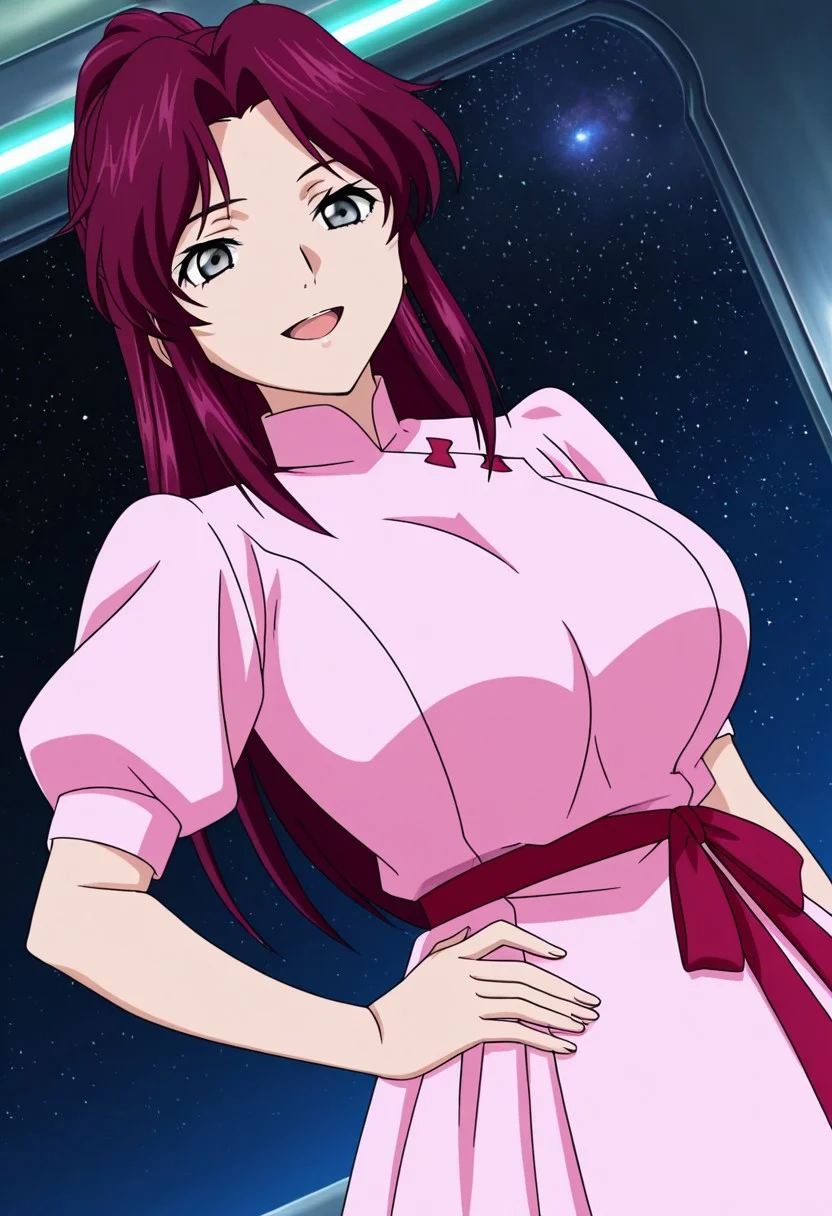 general,highres, ultra-detailed,very aesthetic,best quality ,best hands,best eyes,easynegative,
dynamic anglre, dutch angle, anime cloring,anime screencap,
1girl solo,looking at viewer,space ship,hand on hip,smile,open mouth,
Flay Allster,purple hair,long hair,ponytail,grey eyes,huge breasts,pink dress,