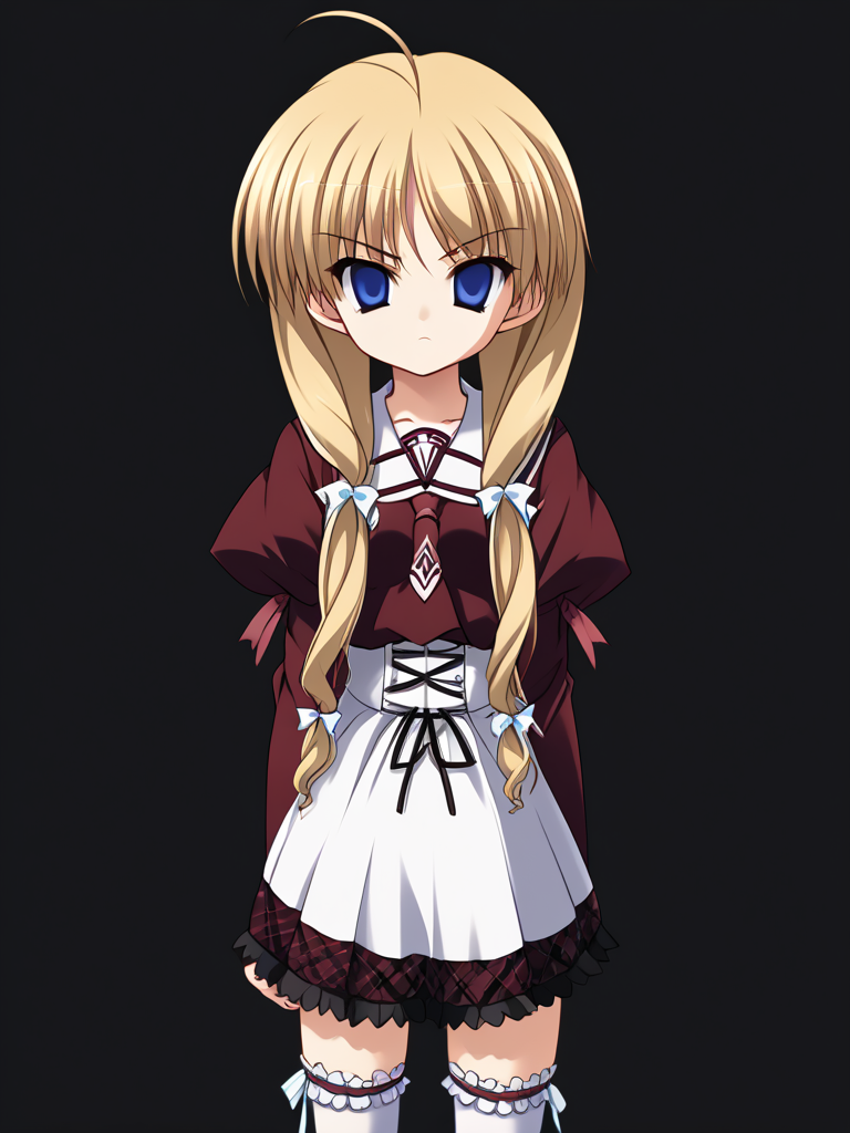1girl, solo, yukiponeleeyes, blonde hair, long hair, low twintails, low-tied long hair, hair ribbon, ahoge, blue eyes, kouryoukan_academy_school_uniform, frilled thighhighs, standing, cowboy shot, black background, serious, empty eyes,