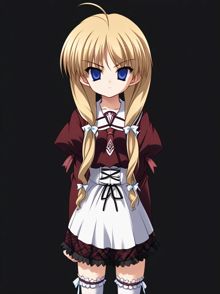 1girl, solo, yukiponeleeyes, blonde hair, long hair, low twintails, low-tied long hair, hair ribbon, ahoge, blue eyes, kouryoukan_academy_school_uniform, frilled thighhighs, standing, cowboy shot, black background, serious, empty eyes,