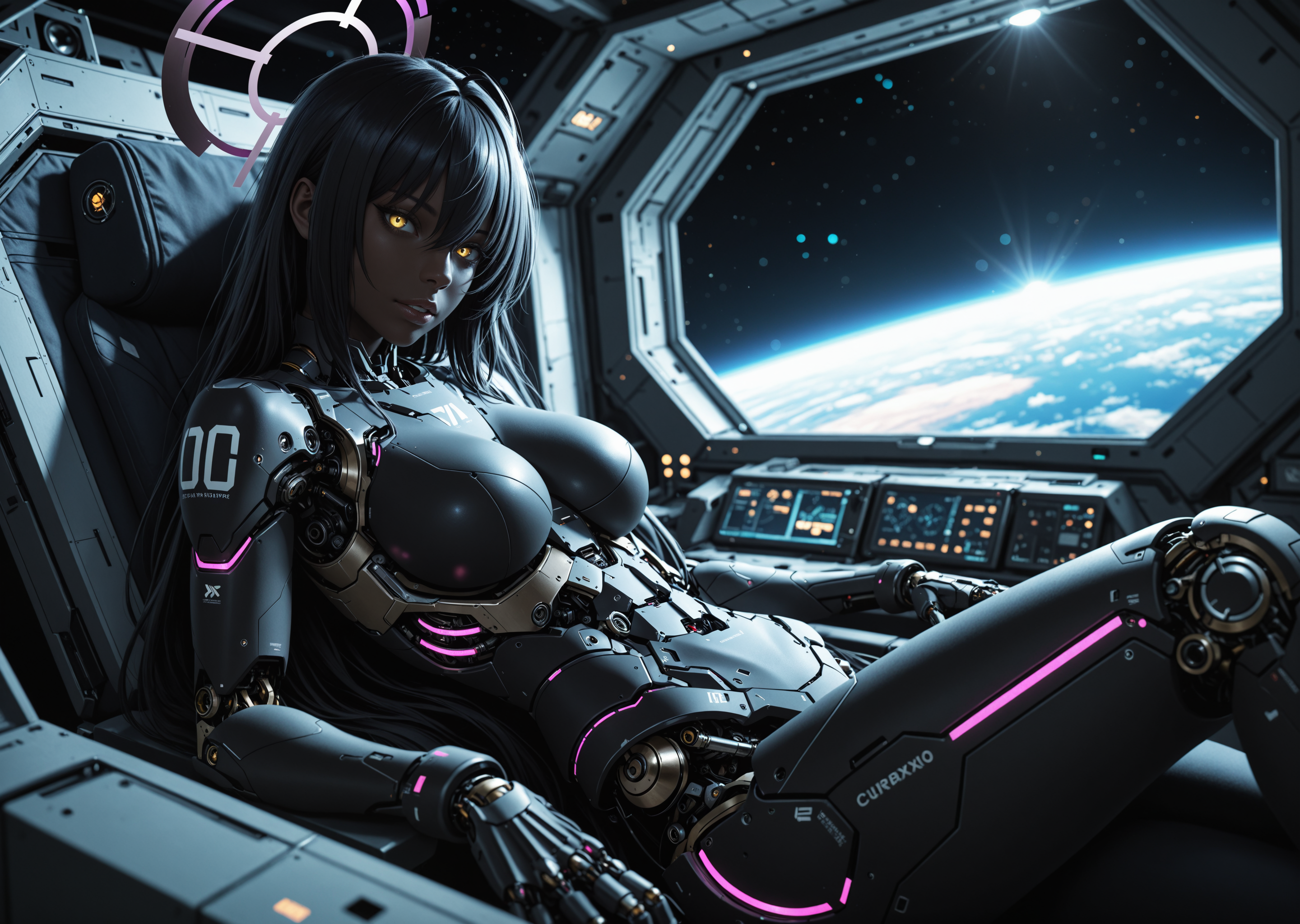 cyborg 1girl, angular, science fiction, futuristic, scenery, (karin \(blue archive\):1.0), sitting in space station, parted lips, mechanical torso, looking at viewer, black hair, yellow eyes, hair between eyes, dark skin, long hair, purple halo, creative angle, head tilt, (dutch angle, dynamic pose:0.9) BREAK masterpiece, best quality, absurdres, HDR, 8K, high contrast, film grain, cinematic lighting, realistic, depth of field, bokeh, neon trim, newest, aidmafluxpro1.1 <lora:- iLL - the_edgy_mech_V3.0:0.4> <lora:aidmaFLuxPro1.1-IL-v0.3:0.2> <lora:Hyper Helmets SDXL v1.0:0.5> <lora:CyborgMechExosuit_v1.5:0.7> <lora:ck-Sci-Fi-Concepts-IL-000015:0.15>âââ