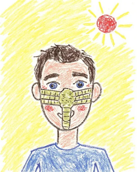 This is a colorful, whimsical drawing, depicting a simple, childlike close up illustration of a man with a facehugger on his face