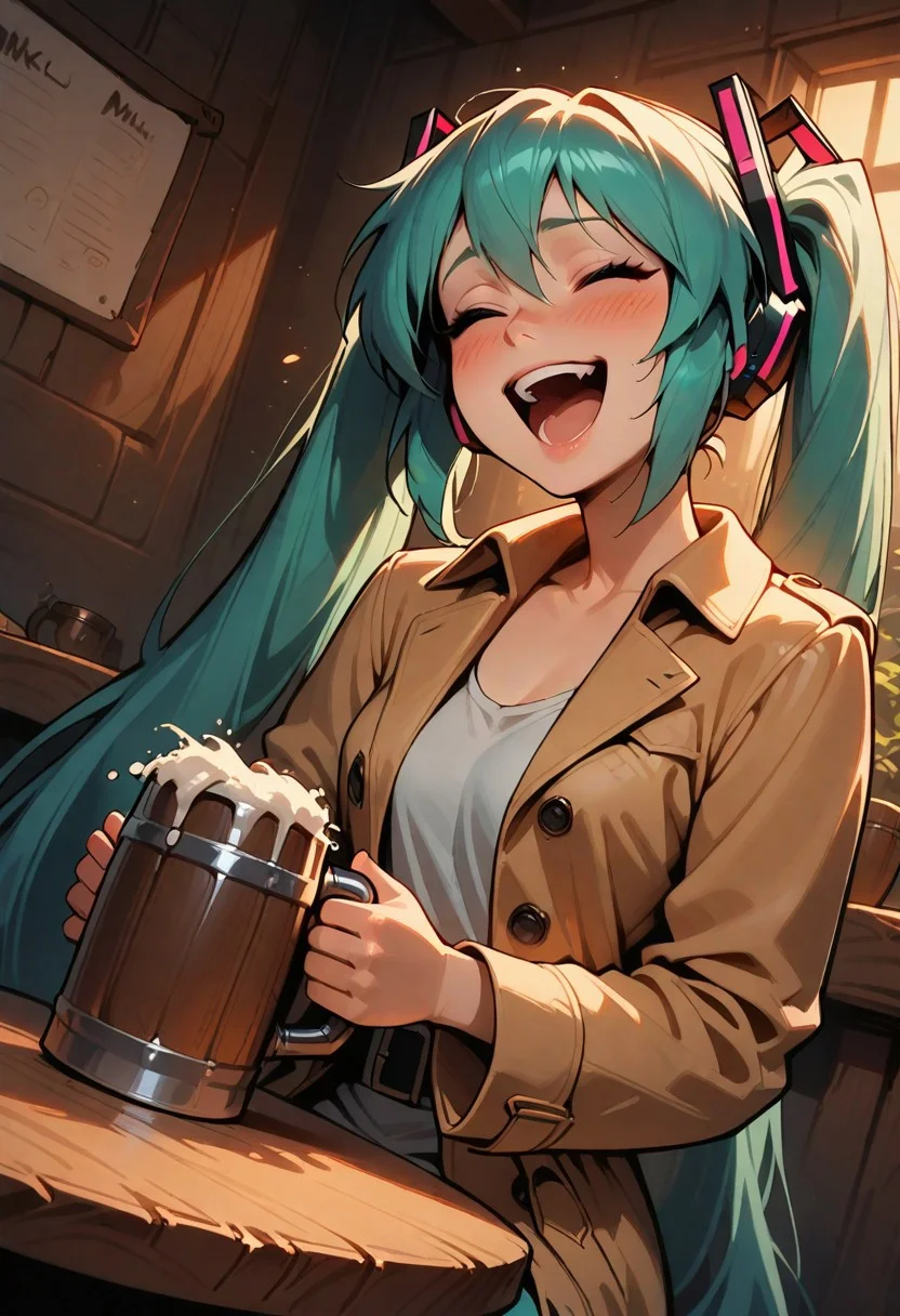1girl, solo, hatsune miku, trench coat, holding beer mug, laughing, sitting, closed eyes, blush, wooden table, indoors, wooden wall, upper body, dutch angle, dark night, sidelighting, masterpiece, best quality, very aesthetic, absurdres