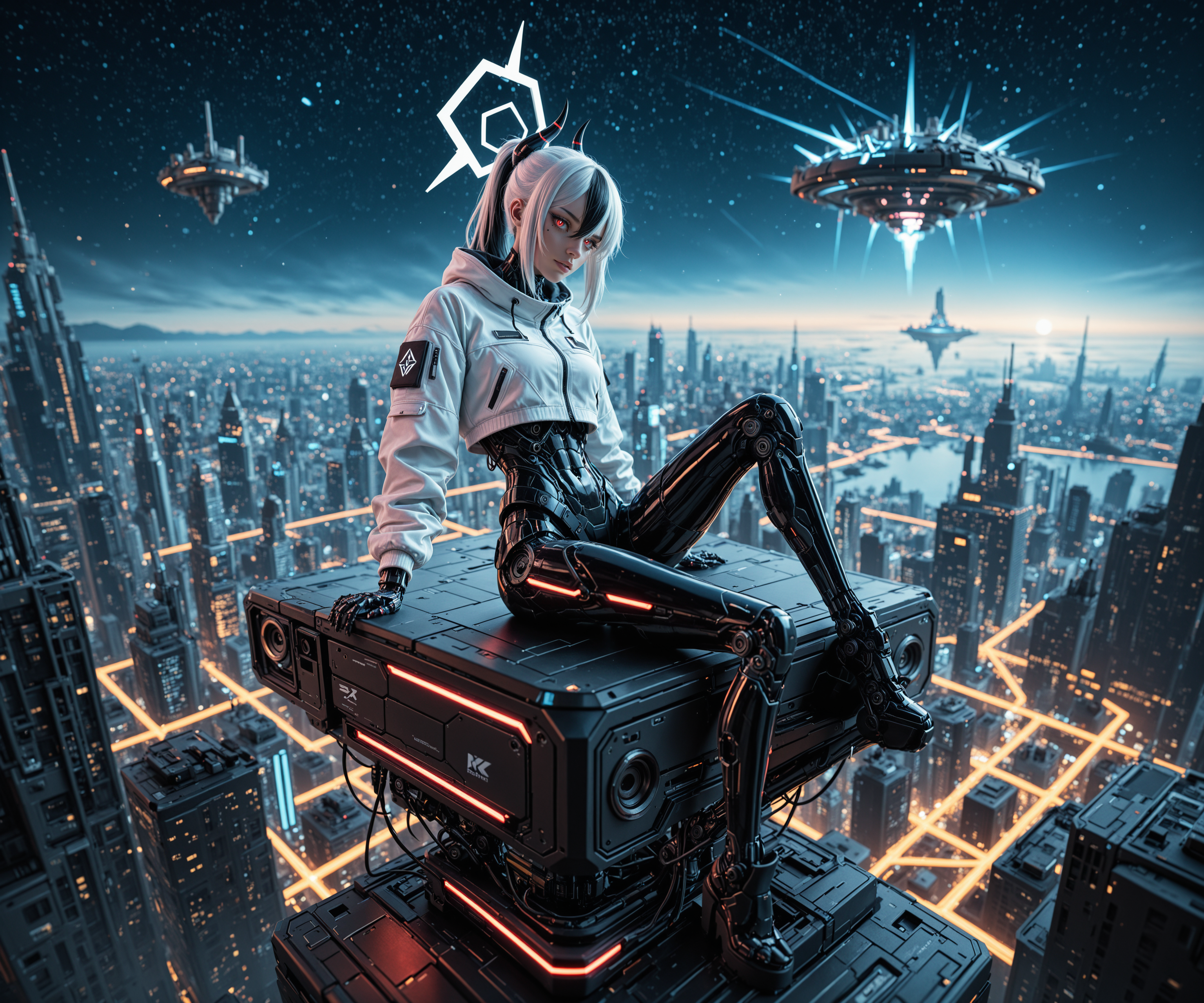 masterpiece, best quality, good quality, very aesthetic, absurdres, newest, 8K, film grain, photorealistic, scenery, neon glow, (floating island, starry sky:0.9), angular, sleek, futuristic, science fiction, cyberpunk, aidmaFLuxPro1.1, aidmaImageUpgrader BREAK young 1girl, [(kayoko_\(blue_archive\):0.99):(kayoko_\(blue_archive\):0.6):0.5], cyborg, robot girl, mechanical body, open cropped jacket, white jacket, parted lips, (light smile:0.7), white halo, head tilt, dynamic pose, sitting on platform, streaked hair, white hair, black ponytail, (horns:0.9), hair between eyes, red eyes, white pupils, glamour <lora:aidmaFLuxPro1.1-IL-v0.3:0.3> <lora:- iLL - the_edgy_mech_V3.0:0.4> <lora:aidmaImageUpgrader-v0.3-IL:0.3> <lora:aidmaMJ6.1_v0.5_IL:0.2> <lora:Mechanism-Illustious:0.3> <lora:RealisticIL-000001:0.1>