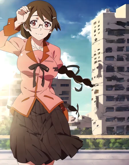 <lora:pony_xl_hanekawa>,hanekawa,score_9,source_anime,best quality,masterpiece,super fine illustration,1girl,solo,looking_at_viewer,cowboy_shot,ribbon,naoetsu_high_school_uniform,school uniform,long sleeves,puffy long sleeves,pink shirt,black skirt,juliet skirt,pleated skirt,collarbone,smile,;d,city,cityscape,front view,shining sunlight,lens_flare,hair_flaps,