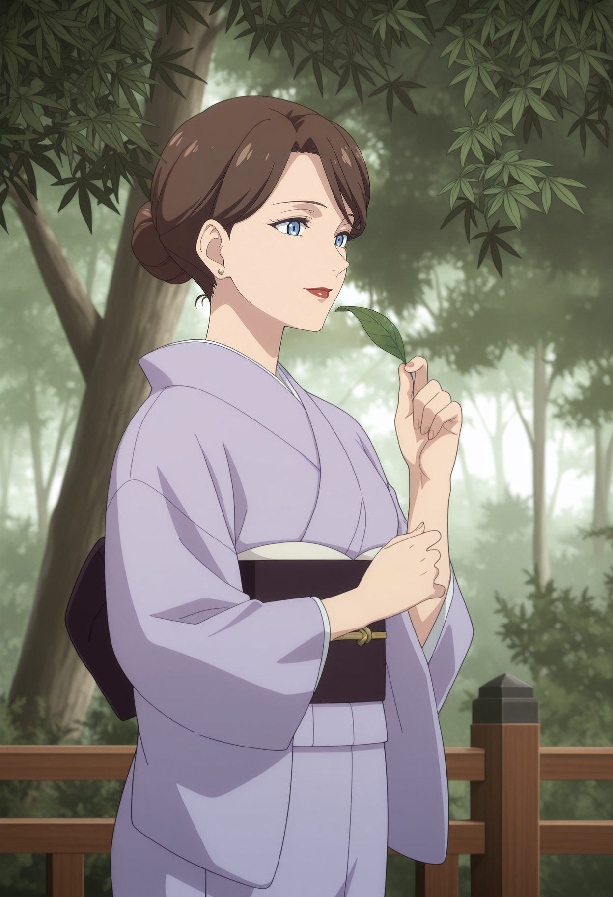 1girl,solo,mm,mature female,brown hair,blue eyes,single hair bun,hair bun,lipstick,anime coloring,
earrings,purple kimono,obi,sash,standing,tree,nature, light smile, leaf,holding leaf,outdoors
,masterpiece,best quality,amazing quality,<lora:Yumika_Sakuraba-Shinobi_no_Ittoki:0.8>